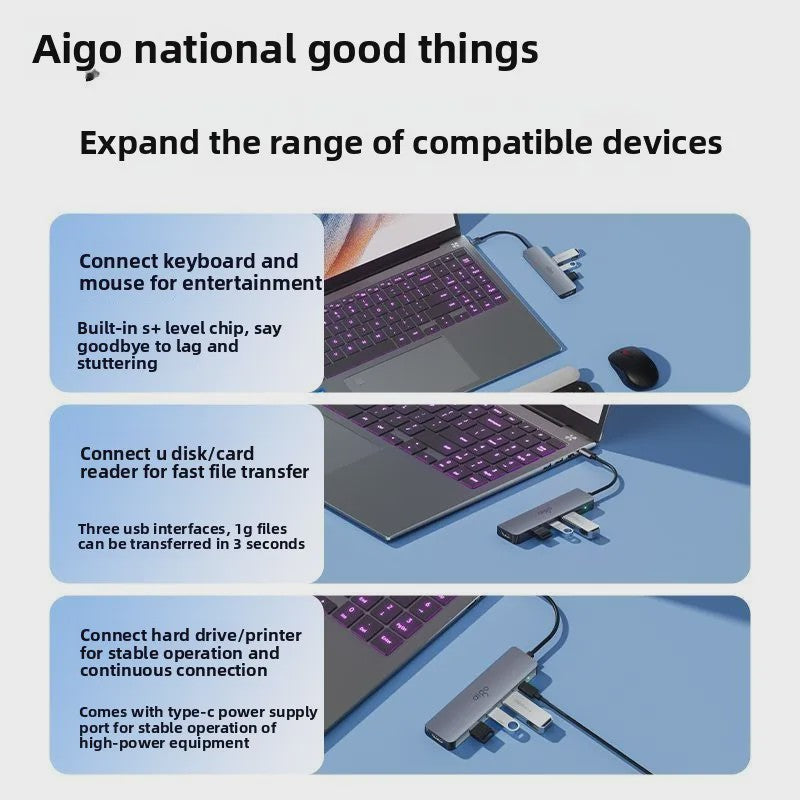 Aigo USB-C Hub met HDMI, PD Snellaadpoort en 3x USB 3.0 voor Laptops