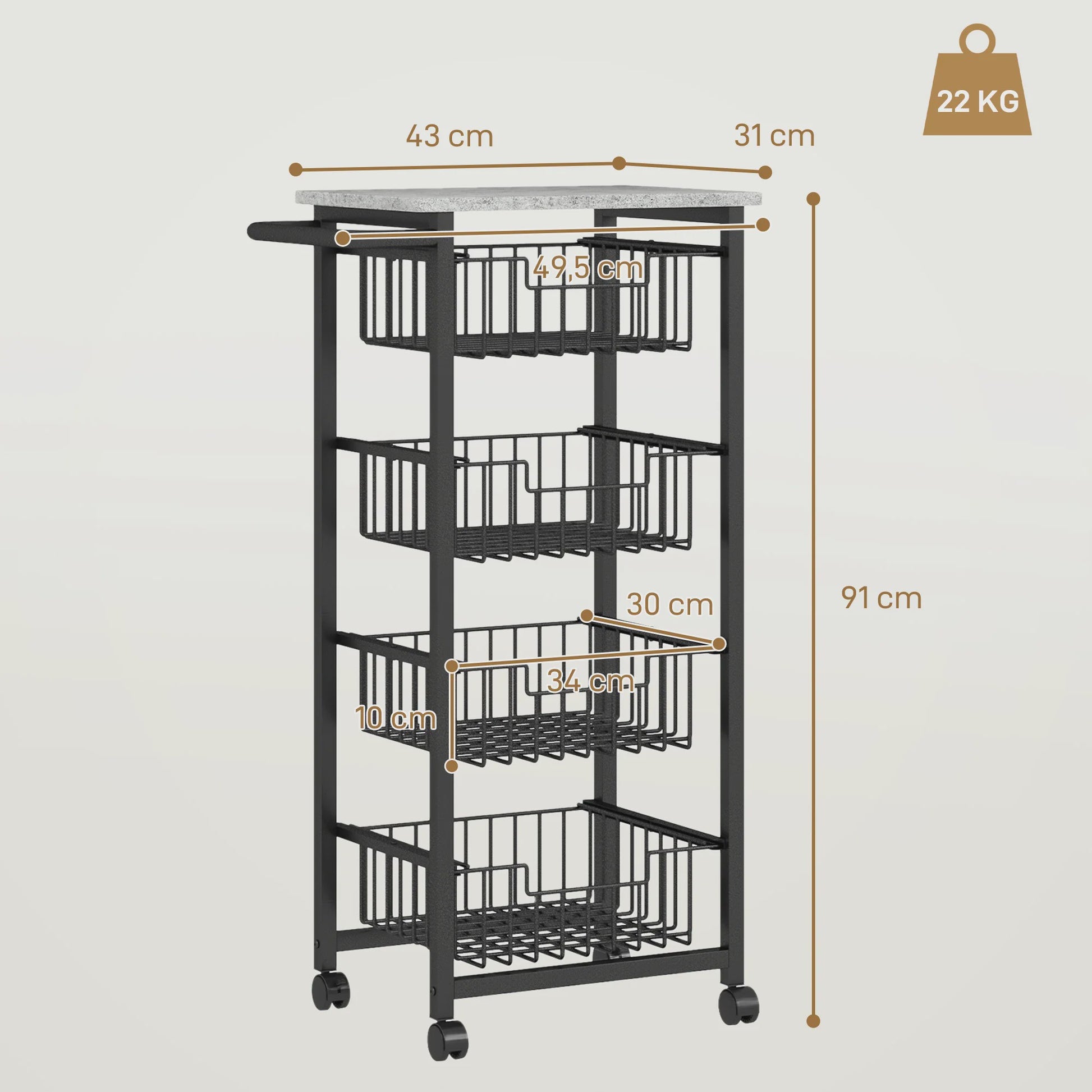 4-laags Serveerwagen met Wielen en Uitneembare Manden - Keuken Trolley