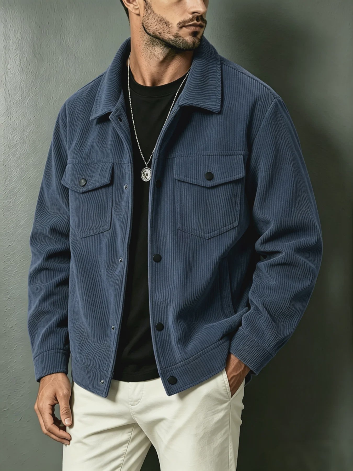 Herfst/Lente Heren Casual Corduroy Jas met Knopenkraag