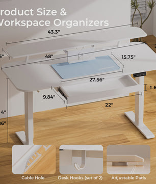 Elektrisch Verstelbaar Bureau met Lade en Monitor/Tablet Stand - Wit