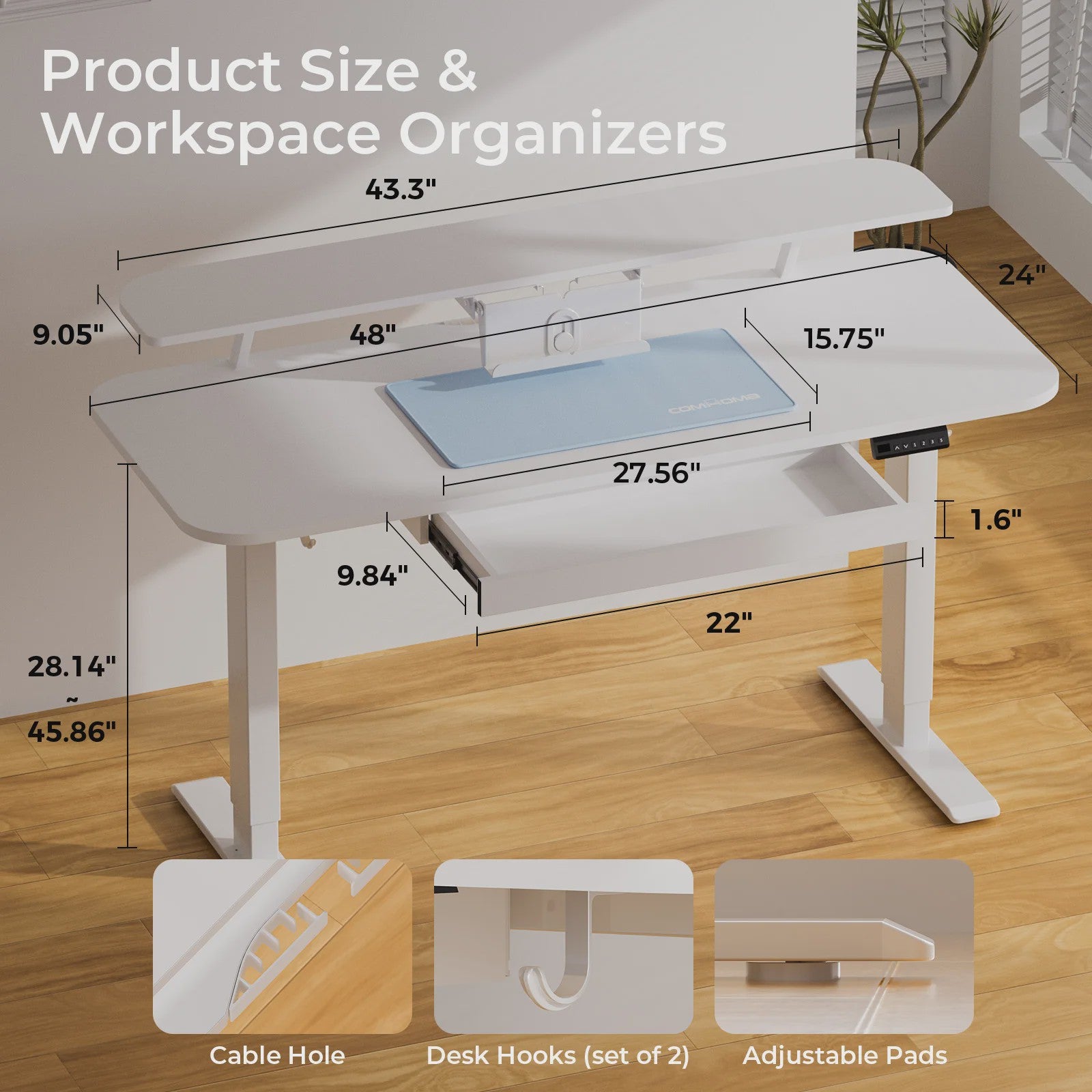 Elektrisch Verstelbaar Bureau met Lade en Monitor/Tablet Stand - Wit