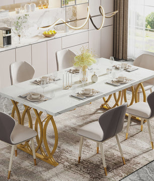 Moderne Eettafel Marmerlook 160cm Rechthoekig voor 4-6 Personen met Gouden Onderstel
