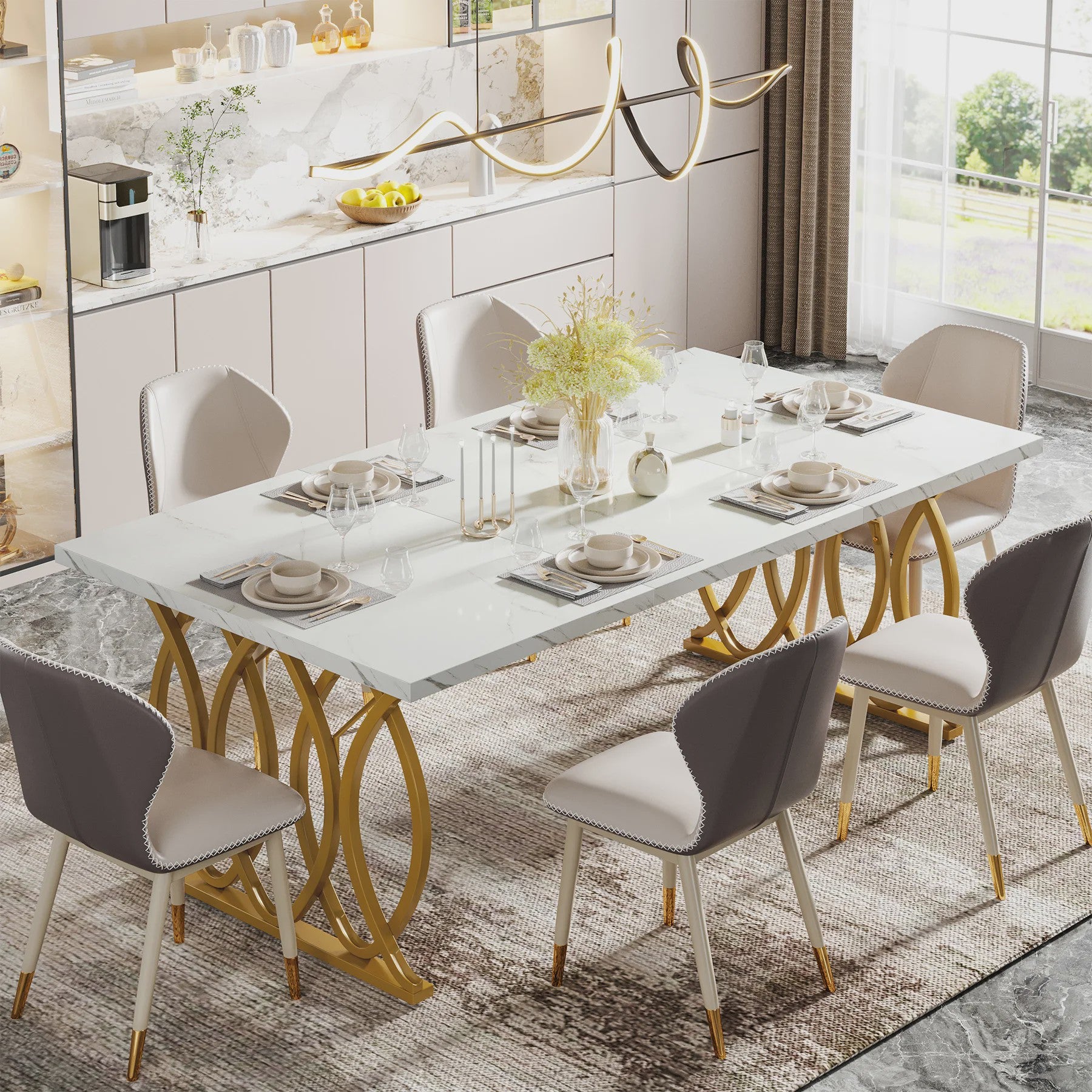 Moderne Eettafel Marmerlook 160cm Rechthoekig voor 4-6 Personen met Gouden Onderstel