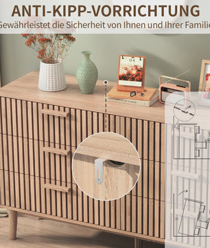 Brede Ladekast 100cm Natuurlijk Hout met 6 Laden - Stijlvolle Houten Opbergkast met Lamellenfront en Anti-Kip Beveiliging