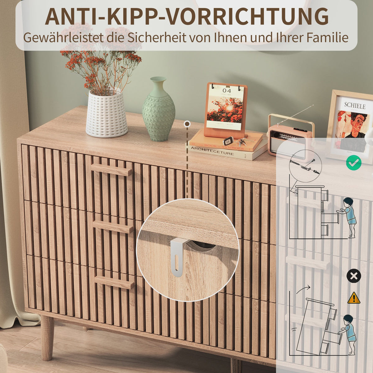 Brede Ladekast 100cm Natuurlijk Hout met 6 Laden - Stijlvolle Houten Opbergkast met Lamellenfront en Anti-Kip Beveiliging
