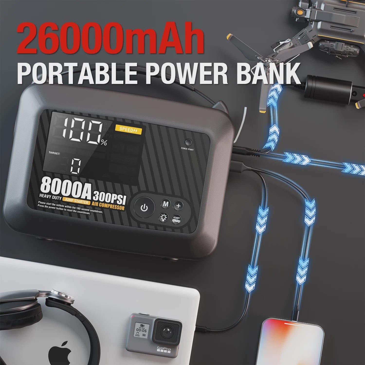 Krachtige 8000A Jump Starter met Luchtpomp - Heavy Duty Auto Startbooster 12V