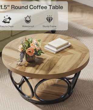 Ronde Houten Salontafel 80cm met 2-Laags Opbergruimte - Landhuisstijl