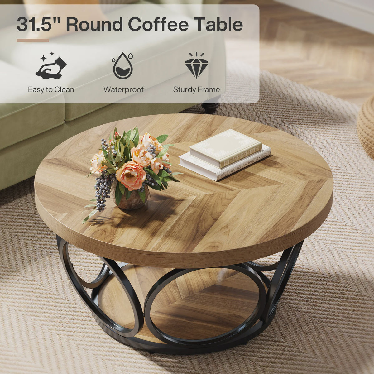 Ronde Houten Salontafel 80cm met 2-Laags Opbergruimte - Landhuisstijl