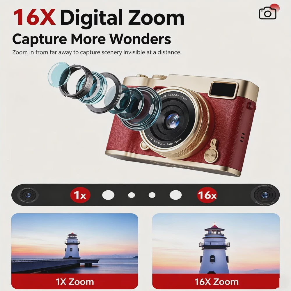 Compacte Digitale Camera met 4K Ultra HD, 16x Zoom & Draaibaar 180° Scherm voor Vlogs