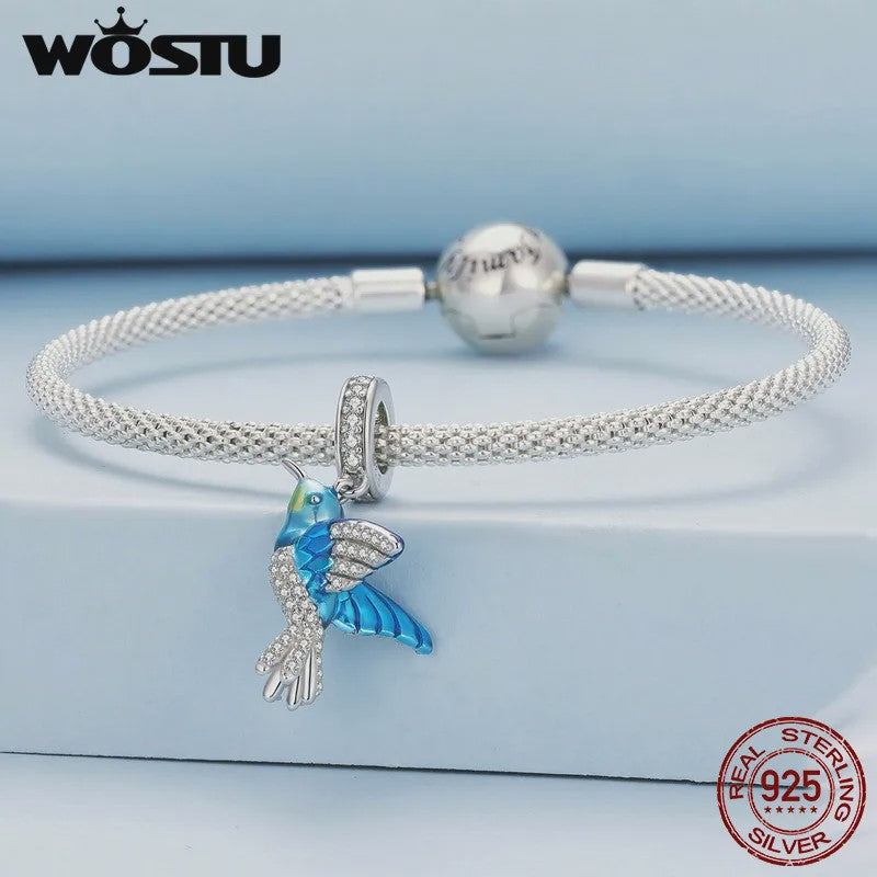 WOSTU 925 Sterling Zilver Papegaai Bedel met Roze Emaille & Kristallen - DIY Sieraden