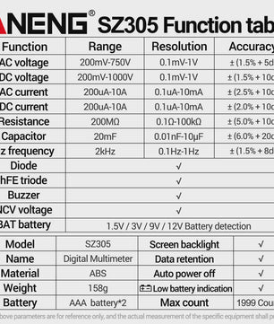ANENG SZ305 Digitale Multimeter: Professionele Tester voor Elektriciens