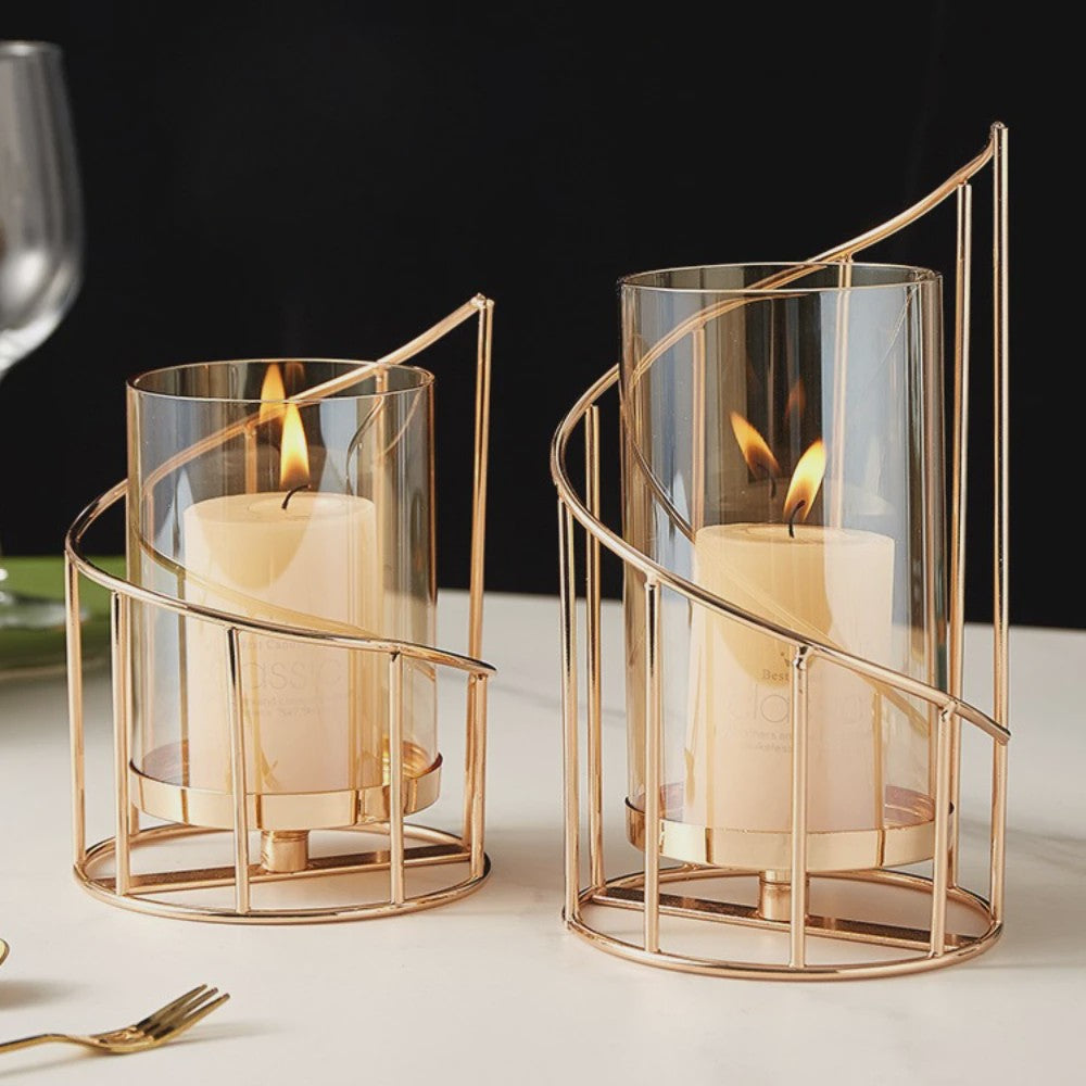 Luxe Metalen Kaarsenhouder met Glazen Cilinder - Geometrisch Draadframe