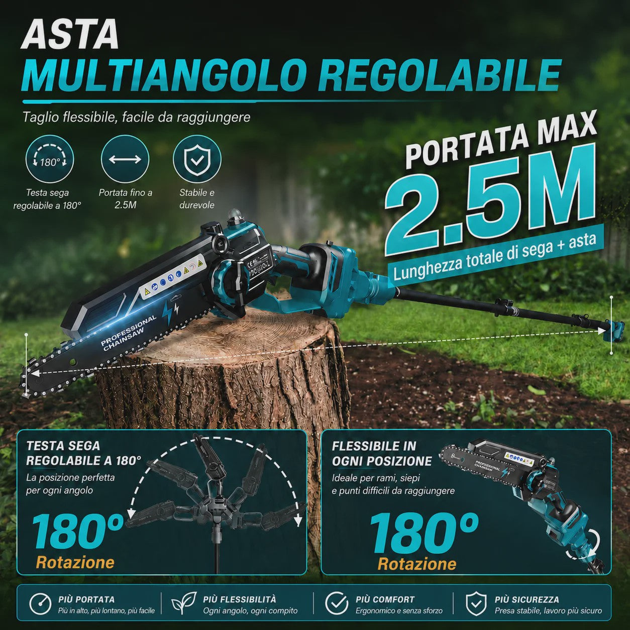 2-in-1 Snoerloze Telescoop Kettingzaag met 2x 4000mAh Accu's