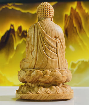 Handgesneden Houten Amitabha Boeddha Standbeeld - Decoratieve Houten Beeldje voor Huisdecoratie