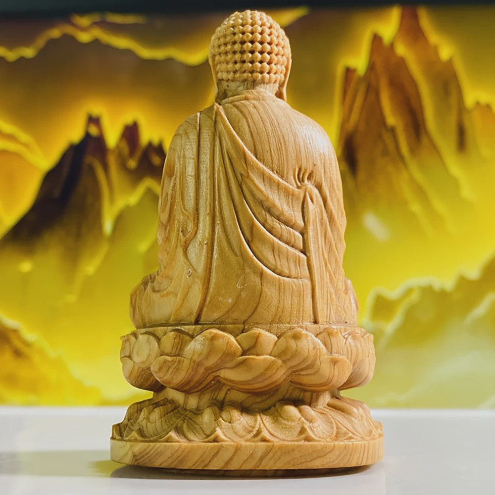 Handgesneden Houten Amitabha Boeddha Standbeeld - Decoratieve Houten Beeldje voor Huisdecoratie