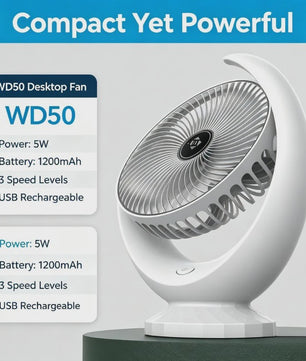 Draagbare USB Bureauventilator WD50 - Stil, Oplaadbaar met 3 Snelheden en 1200mAh Batterij