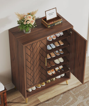 Stijlvolle 6-Laags Houten Schoenenkast met Deuren - Walnoot Design