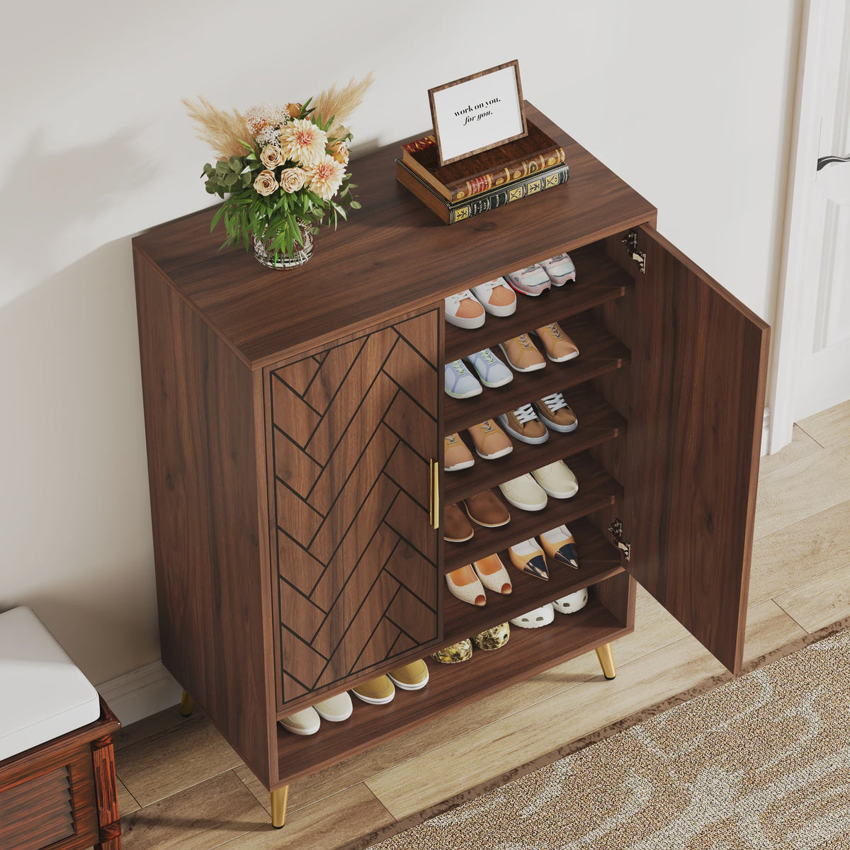 Stijlvolle 6-Laags Houten Schoenenkast met Deuren - Walnoot Design