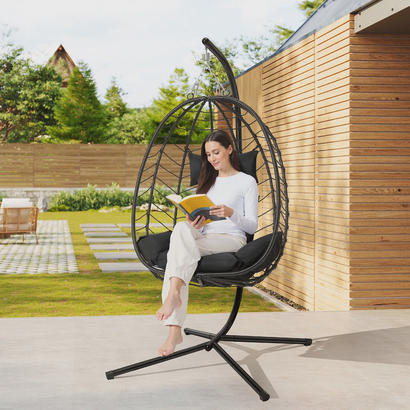 EUGAD Hangende Ei Stoel met Metalen Standaard - Comfortabele Schommelstoel voor Tuin & Balkon (150 kg)