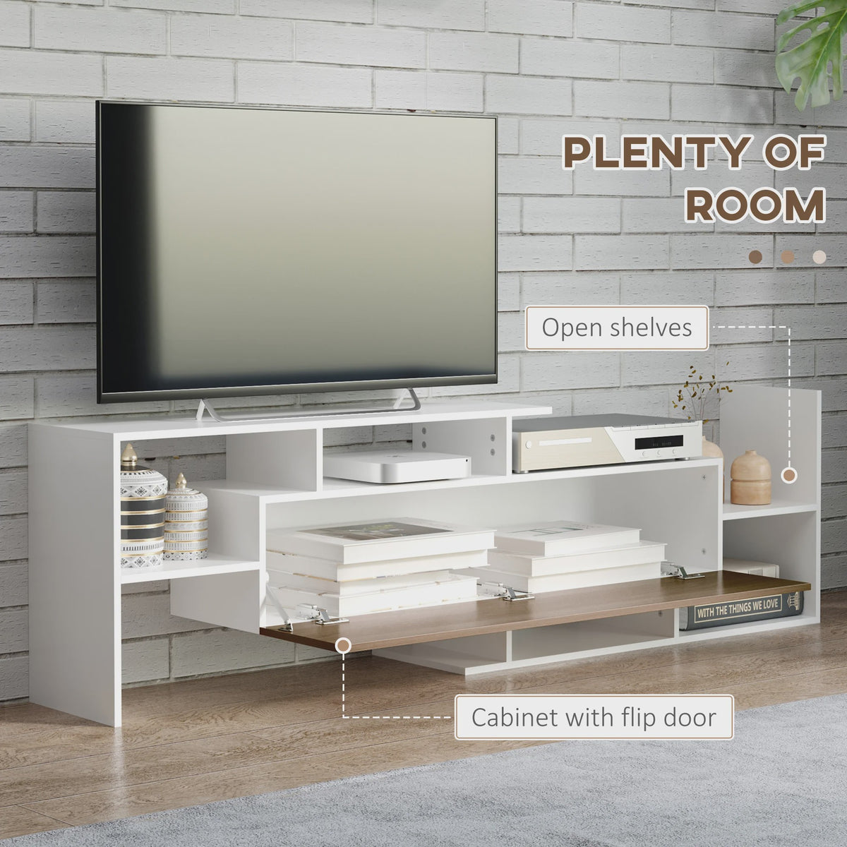 Moderne TV Meubel met Wandrek - 153.6 cm Breed - Wit met Houtdecor Front