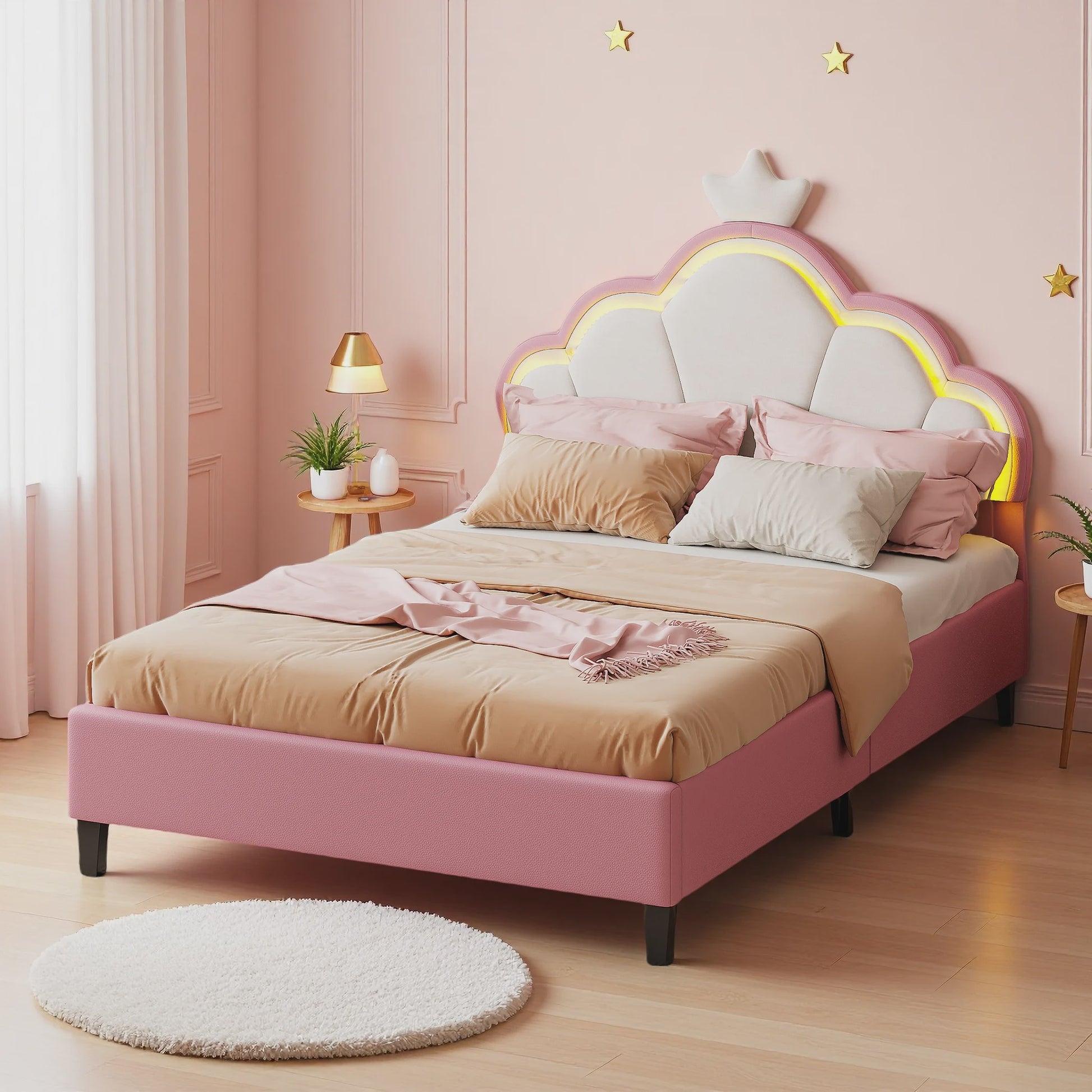 Betoverend Prinsessenbed met Kroon en LED-verlichting - Roze Kinderbed