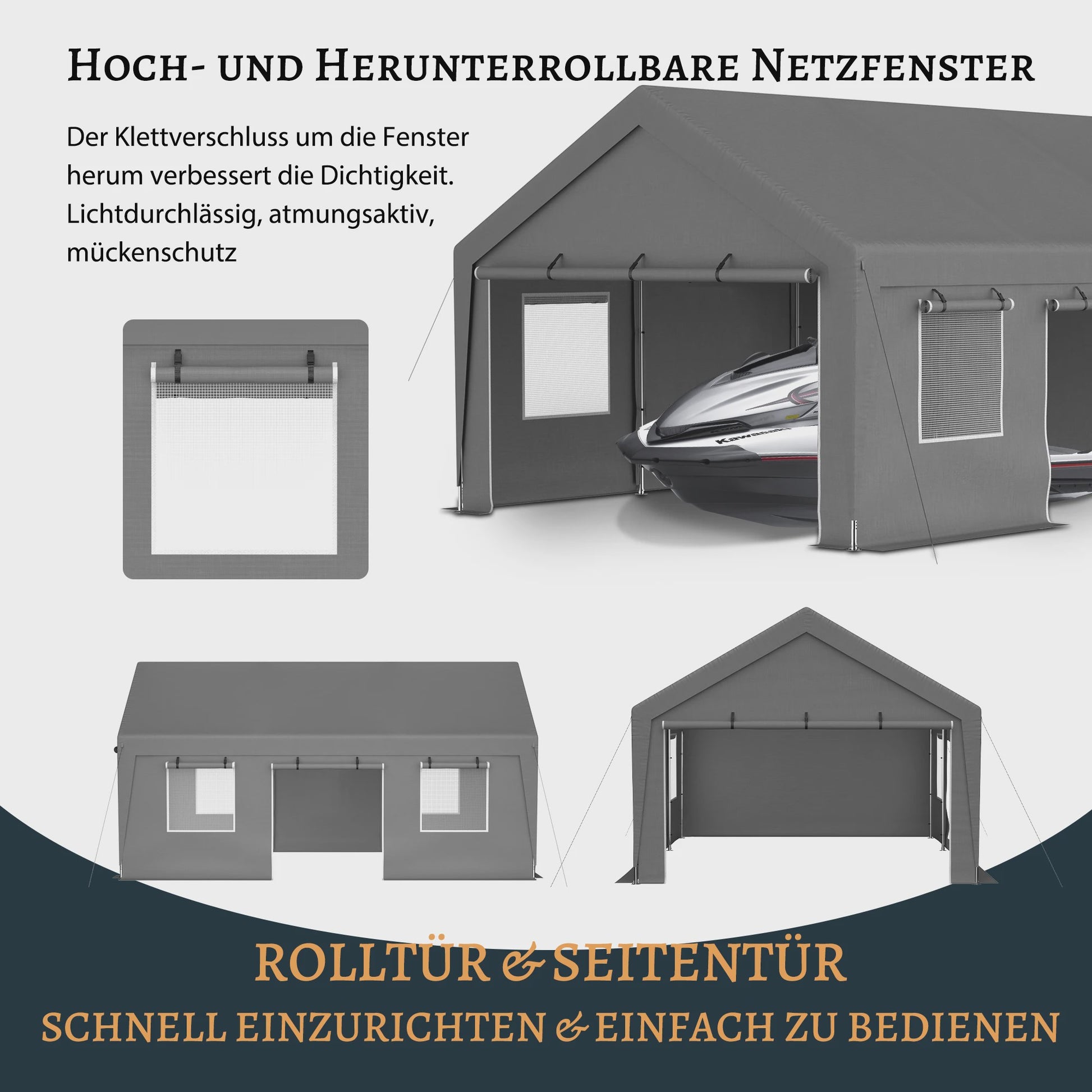 6x4x3m All-Weather Tent - Waterdichte Garage, UV-bescherming, Roll-Up Ramen - Grijs