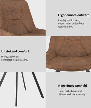 Set van 2 Moderne Kunstleren Eetkamerstoelen Bruin met Zwarte Metalen Poten