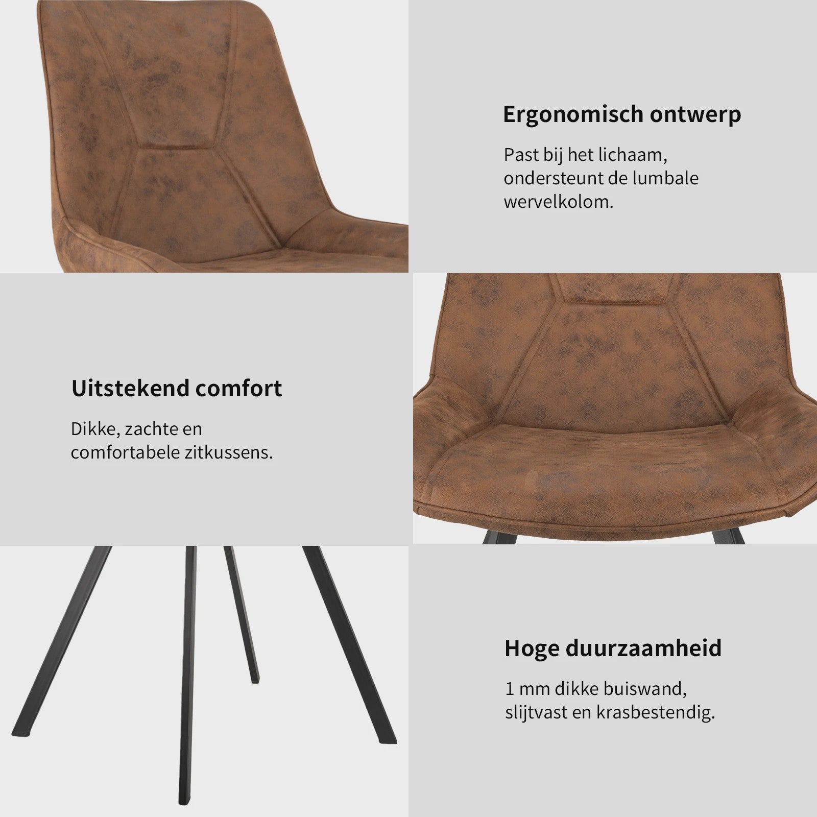 Set van 2 Moderne Kunstleren Eetkamerstoelen Bruin met Zwarte Metalen Poten