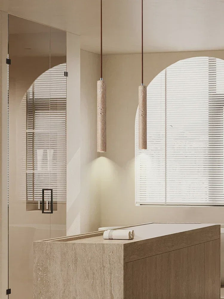 Stijlvolle Cilinder Hanglamp van Travertin Steen - LED Plafondlamp voor Slaapkamer, Eettafel & Keuken