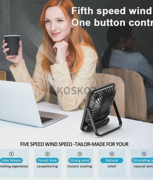 Draagbare USB Ventilator met 5 standen, 180° kantelbaar en stil