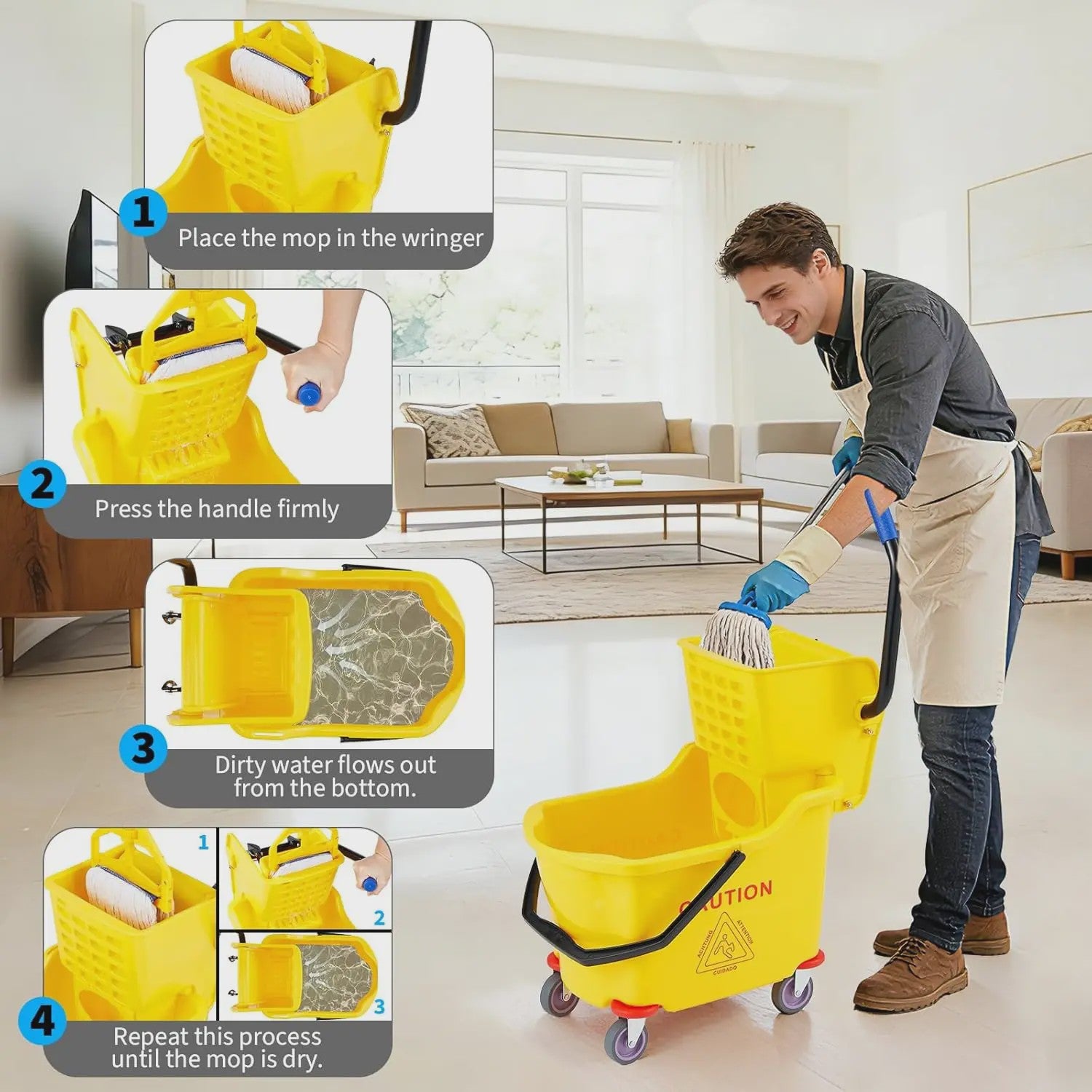 Professionele Dweilemmer met Wringer en Wielen - 32L Capaciteit