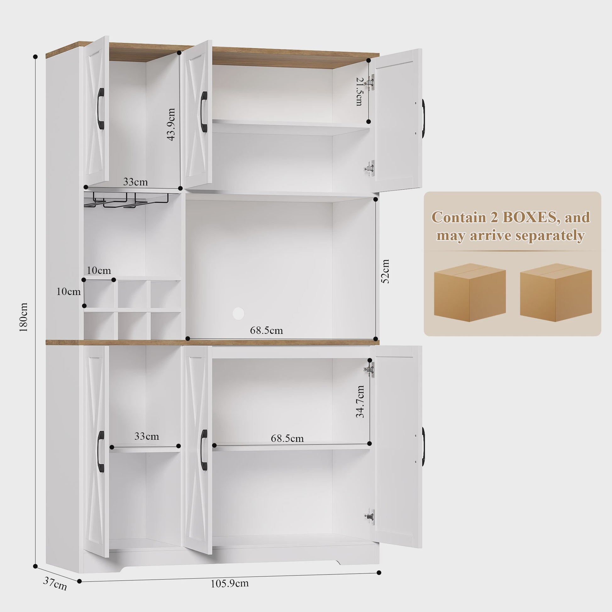 Buffetkast Keuken 106x180cm Wit met 6 Deuren, Flessenhouder & Glazenrek