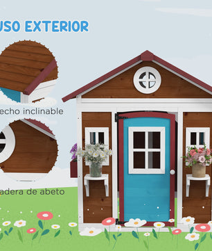 Outsunny Houten Speelhuisje met Deur, Ramen, Bloembakken en Plankjes - 114x126.4x135 cm