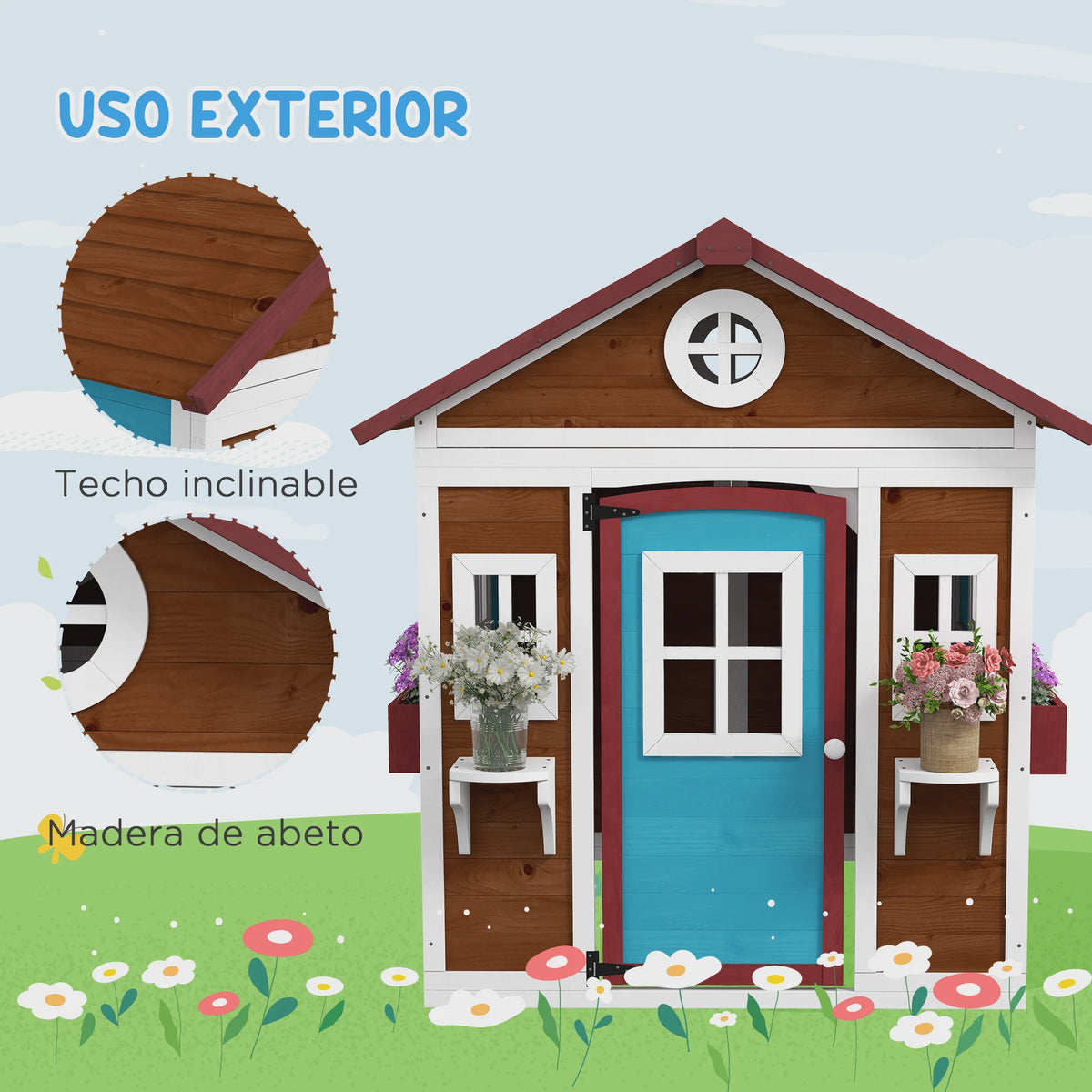 Outsunny Houten Speelhuisje met Deur, Ramen, Bloembakken en Plankjes - 114x126.4x135 cm