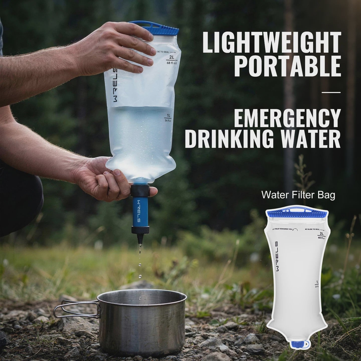 WRELS Opvouwbare Waterfilter Zak - Outdoor Waterzuivering, BPA-Vrij, Ideaal voor Survival