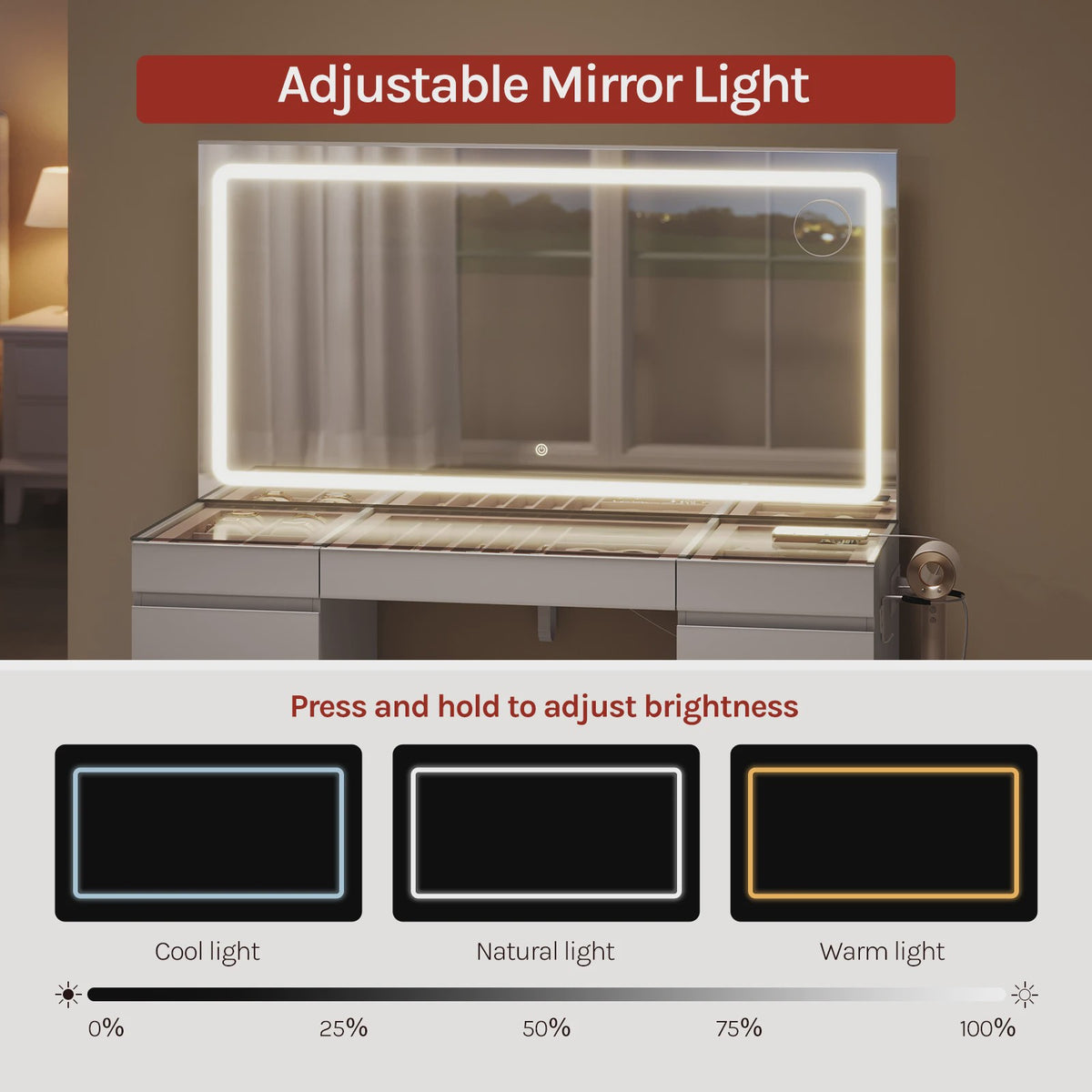 Luxe Kaptafel met Spiegel, Verstelbare LED Verlichting en 11 Lades - Perfect voor Slaapkamer