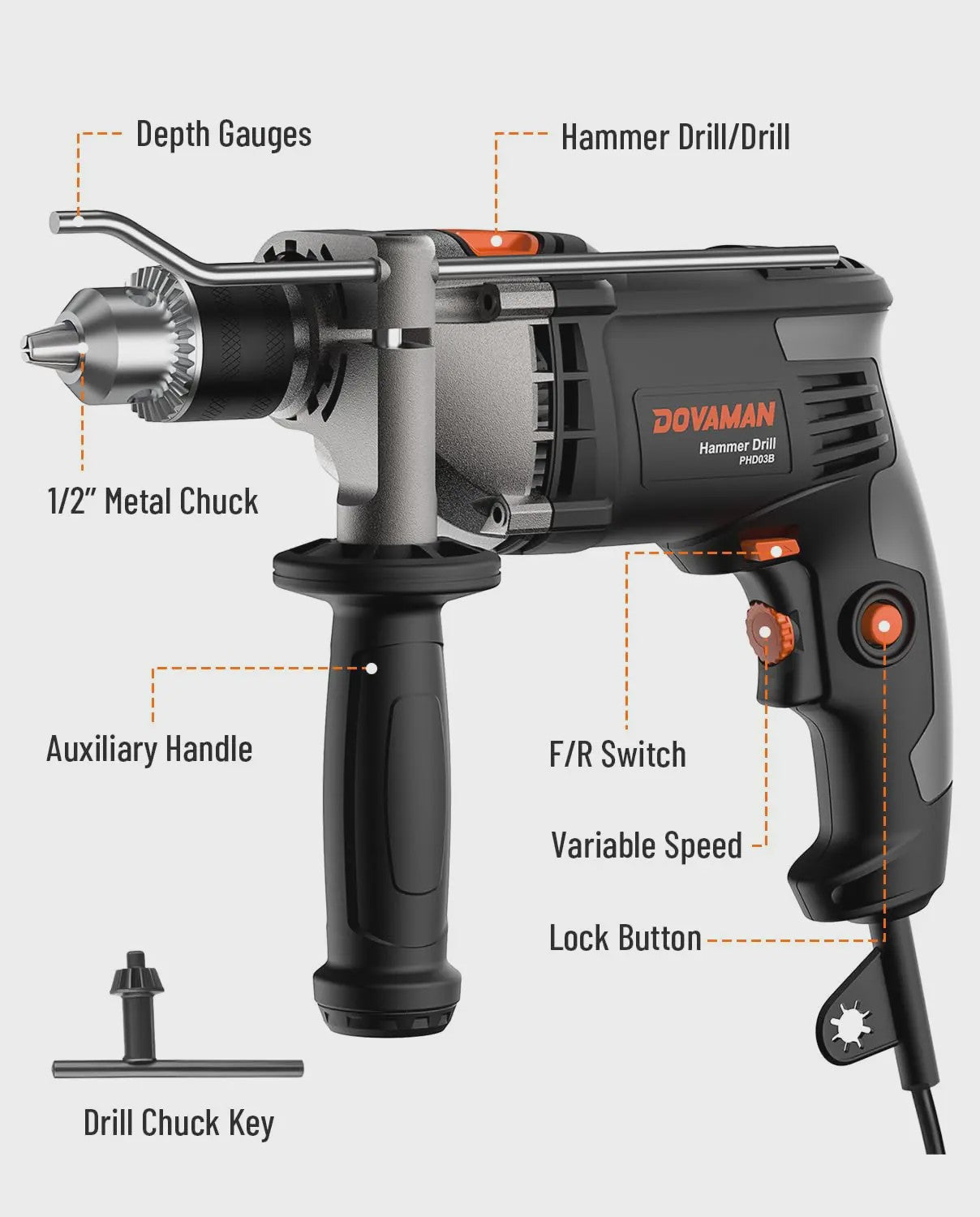 DOVAMAN 7.5A Klopboormachine met Metaalboorhouder - 0-3000 RPM, 2 standen voor Beton, Hout & Metaal, inclusief Boren en Koffer