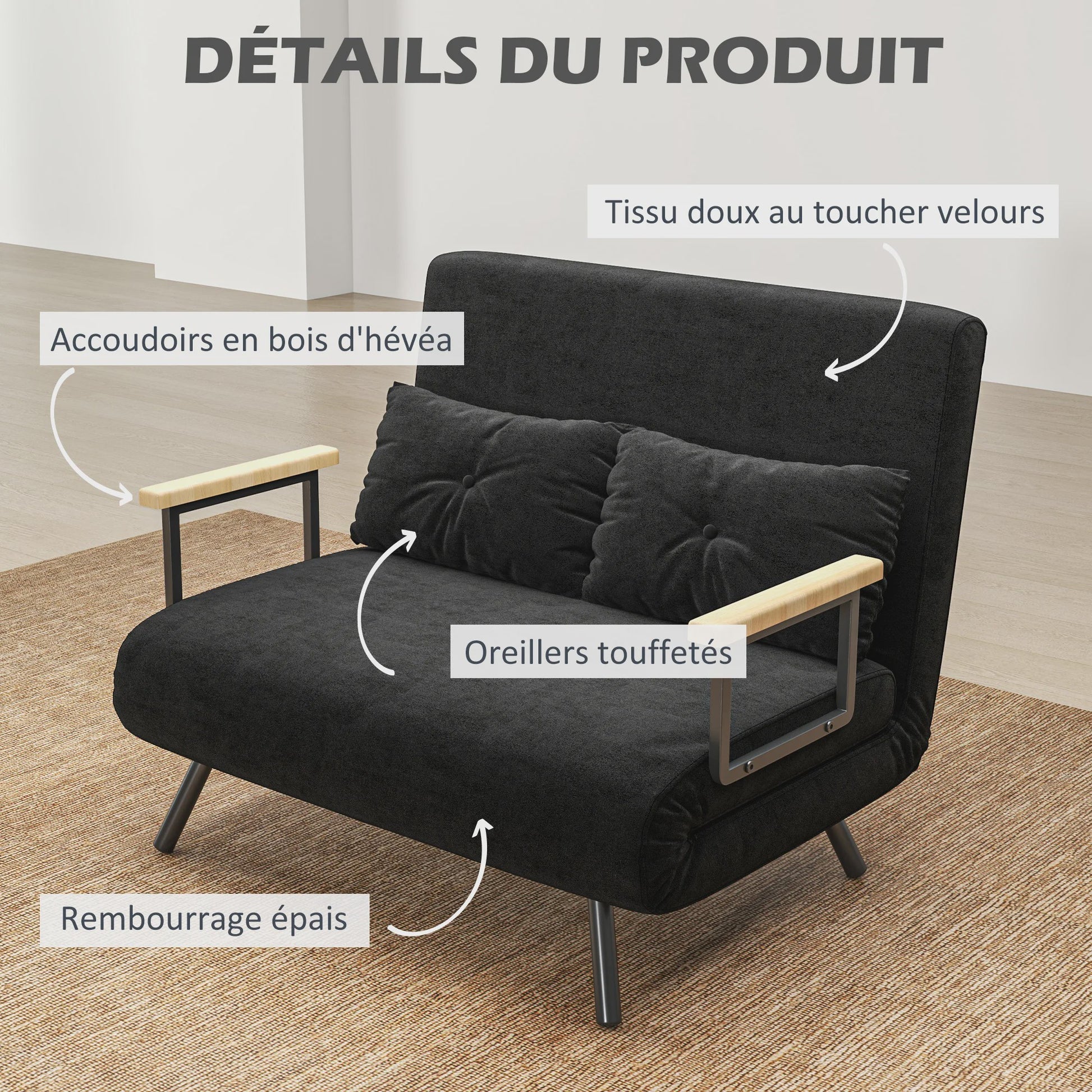 Zwarte 4-in-1 Sofa Bed met Verstelbare Rugleuning en 2 Kussens - Compact en Multifunctioneel