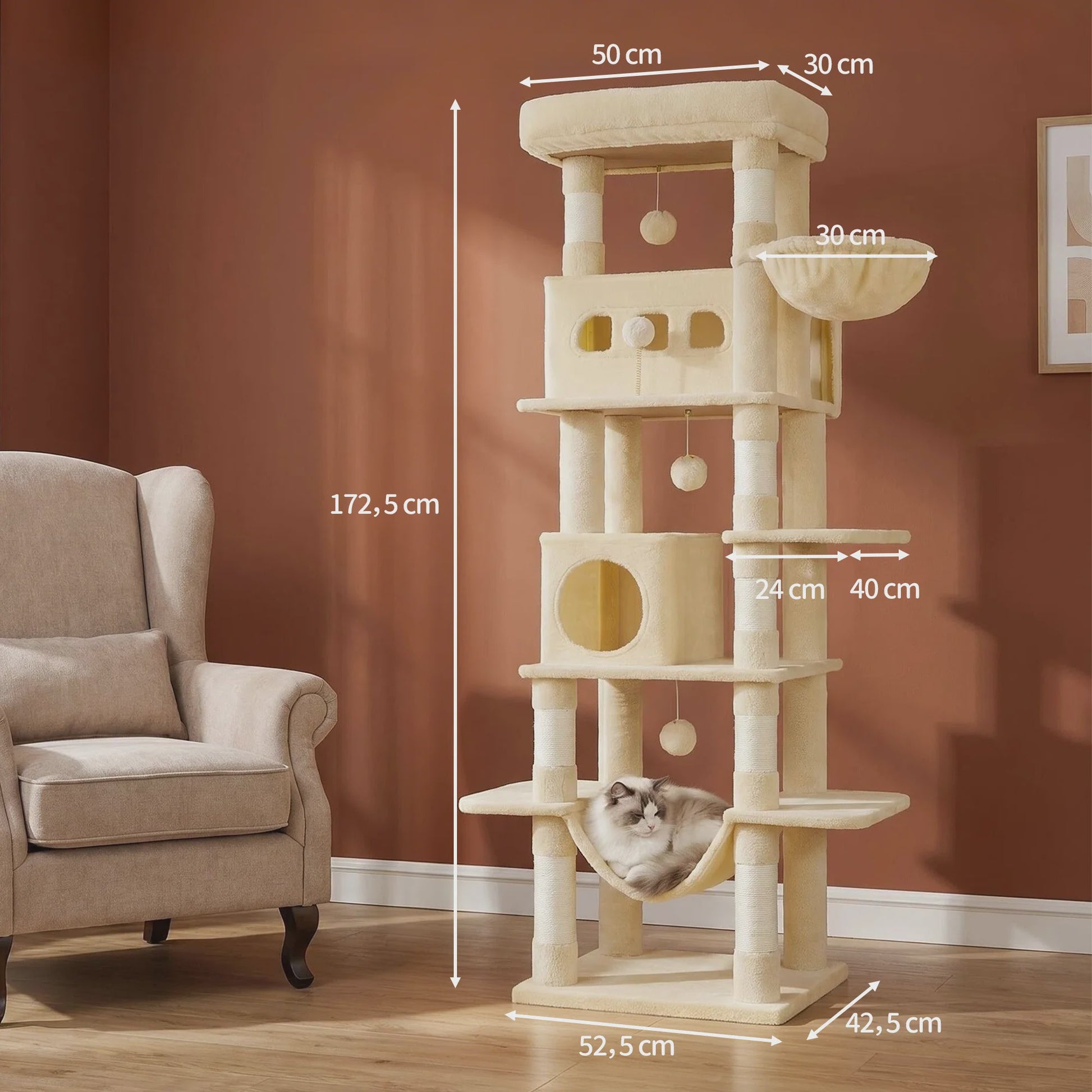 Grote Kattenboom 170 cm - Multi-Level Krabpaal met Ruim Zitplateau & Wasbare Mat - Geschikt voor Maine Coons