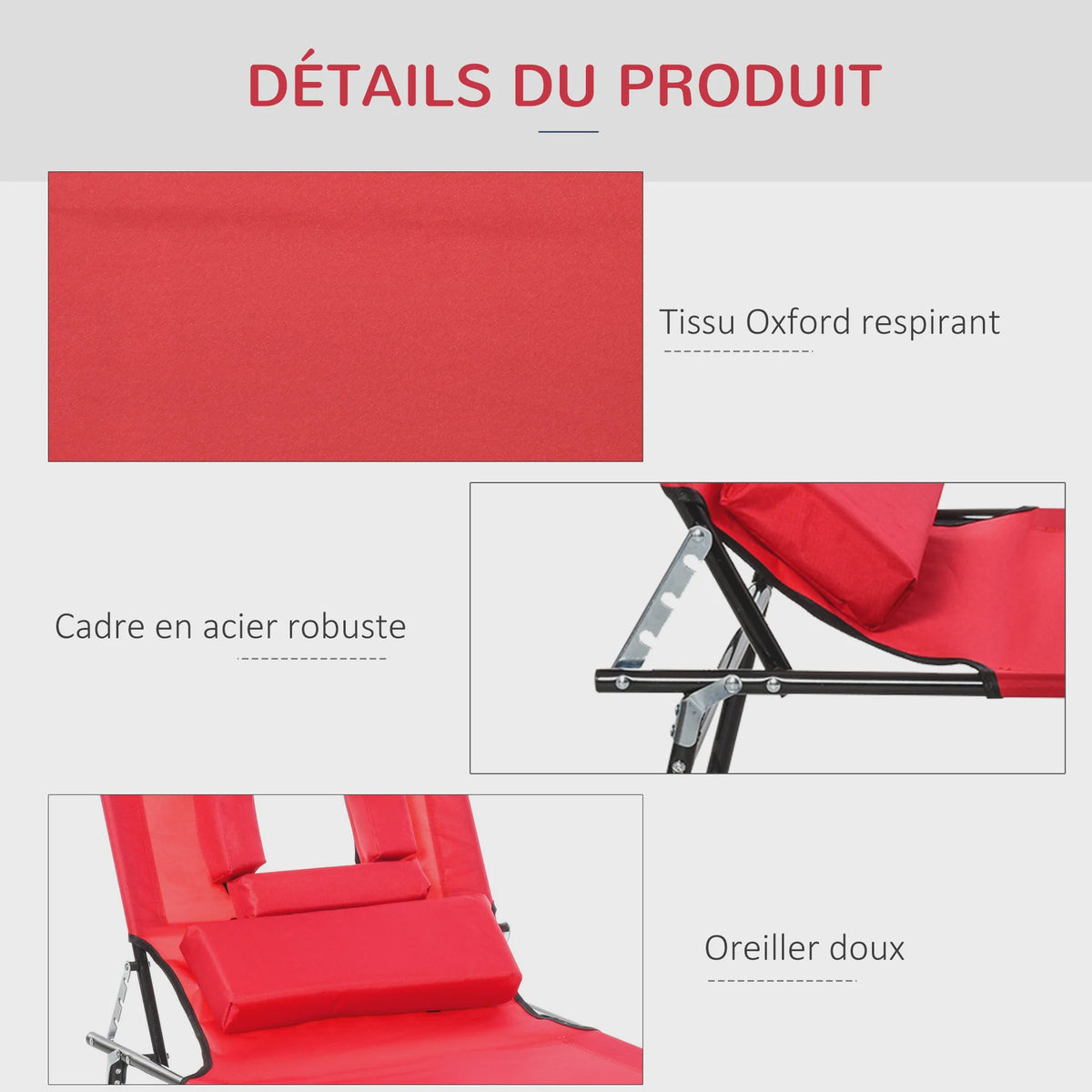 Outsunny Verstelbare Loungestoel / Ligbed met 3 Kussens - Rood