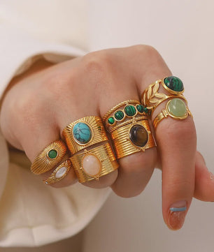 Natuursteen Ringen Dames - Waterdicht Roestvrij Staal Goudkleurig Sieraden
