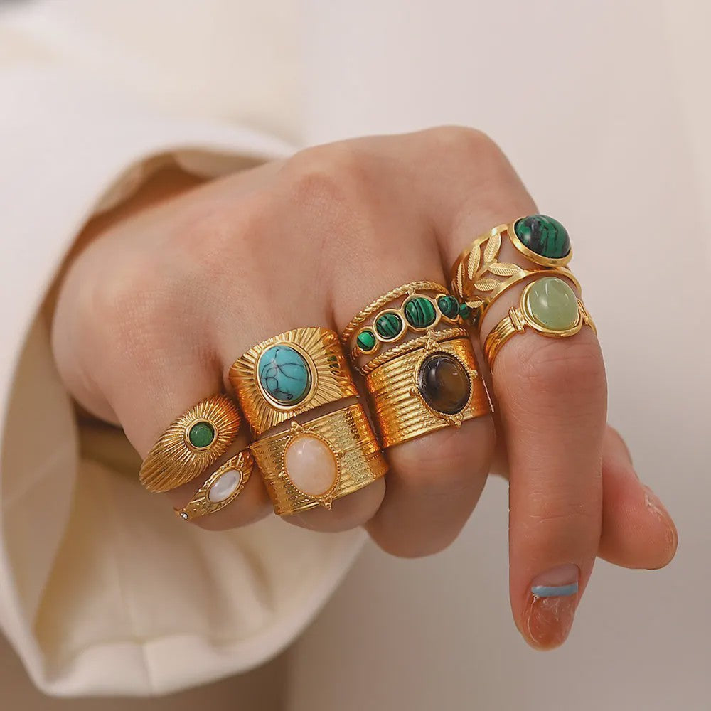Natuursteen Ringen Dames - Waterdicht Roestvrij Staal Goudkleurig Sieraden