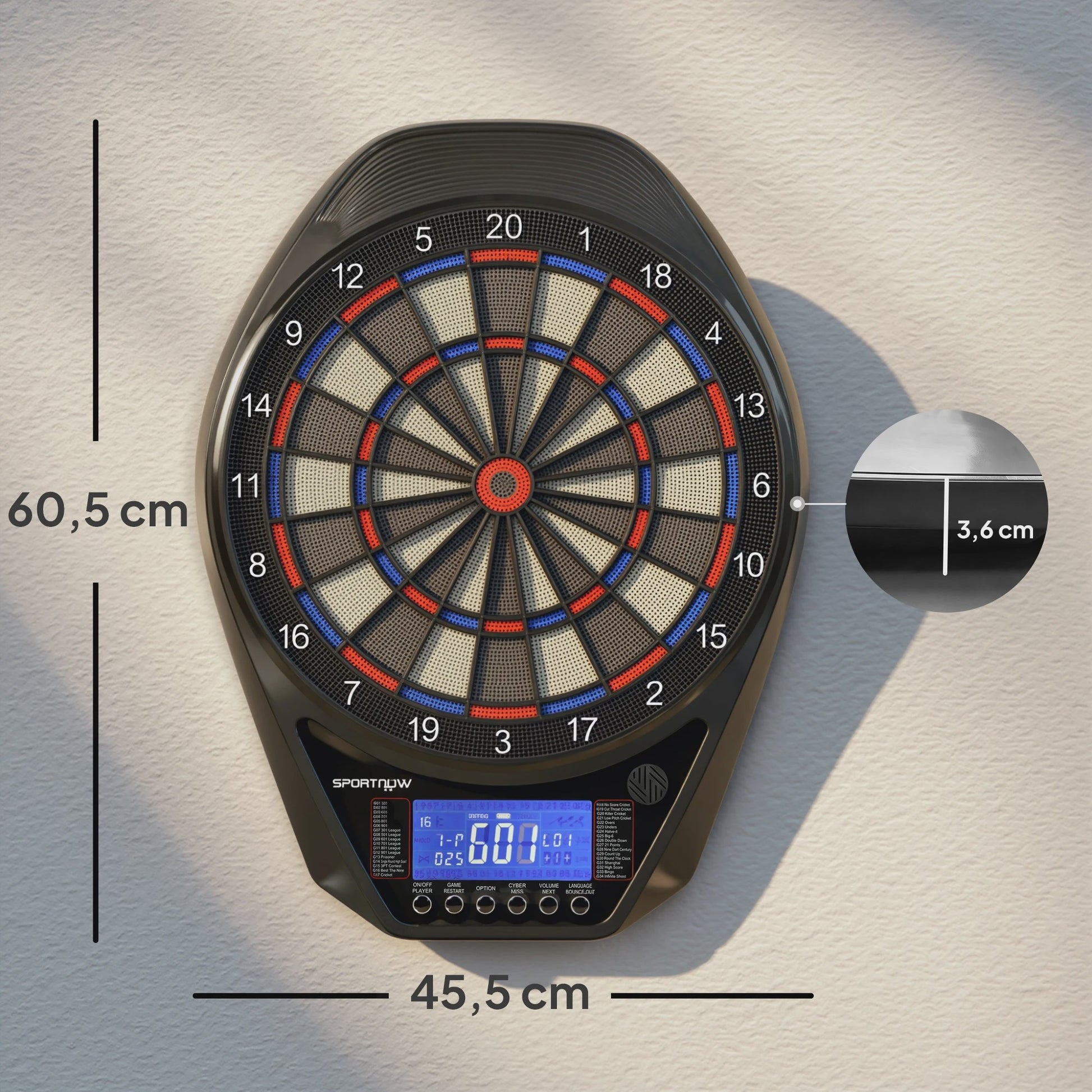 Sportnow Elektronisch Dartbord met LED Scherm, 34 Spellen en 6 Darts - Multicolor