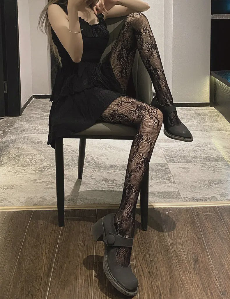 Luxe Lolita Pantyhose met Bloemig Kant en Mesh - Retro Stijl