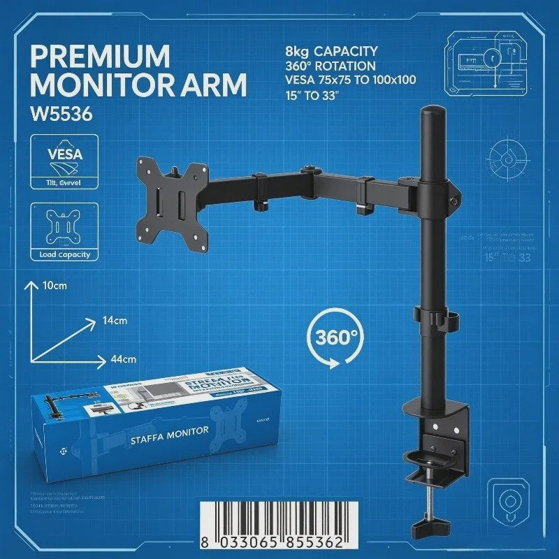 WETECH W5536 Monitor Arm: Verstelbare Desk Mount voor 15-33 Inch Schermen, 8kg Belasting, VESA 75/100, 360° Rotatie