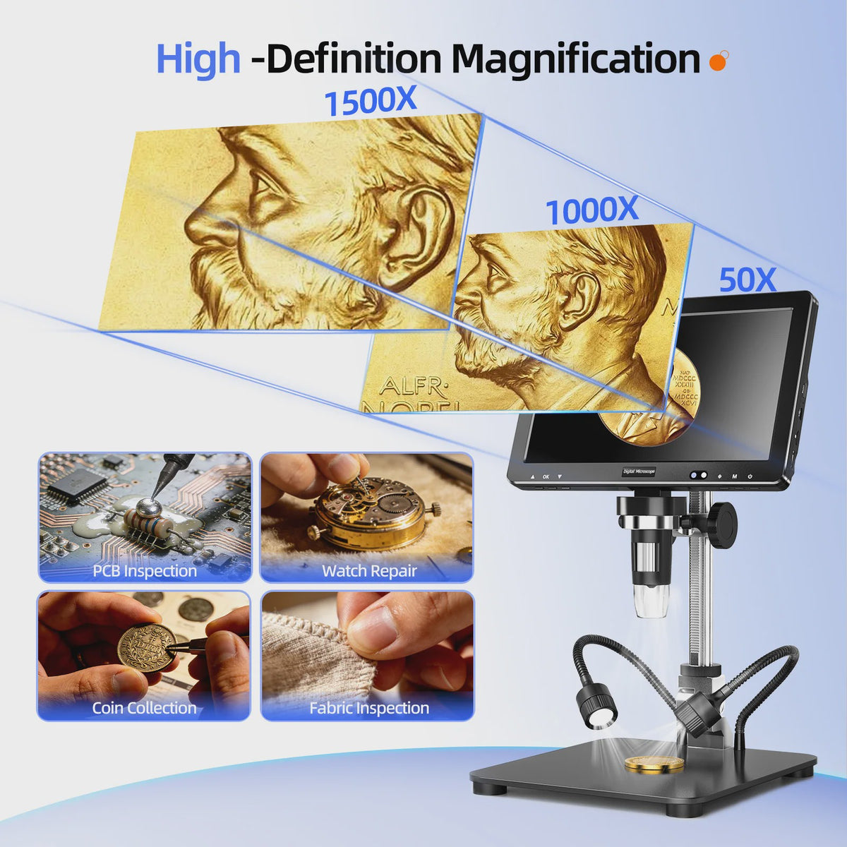 DM13 Digitale Microscoop 10.1" IPS Scherm, 2000X Vergroting, 16MP Camera
