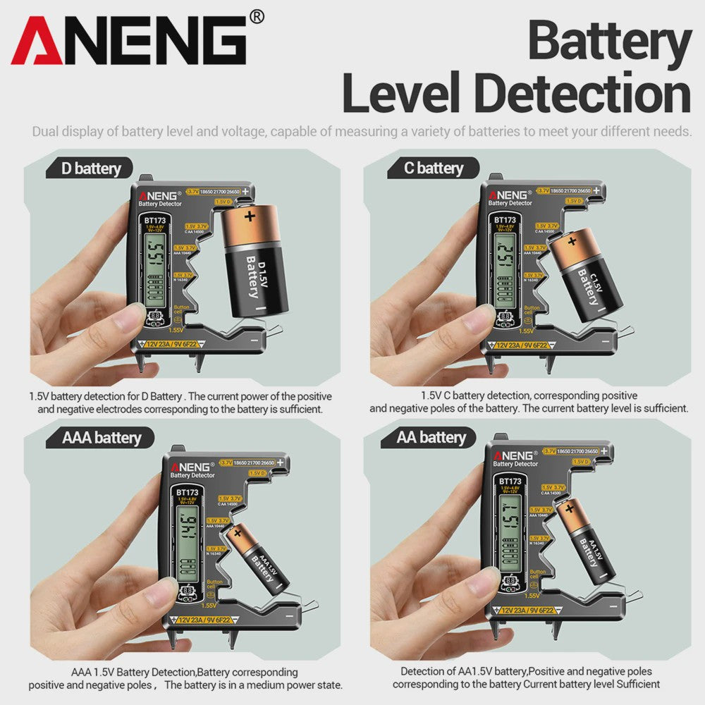Universele Batterij Tester ANENG BT173 - Digitale Batterij Detector voor AA, AAA, C, D, 9V en Knoopcel Batterijen