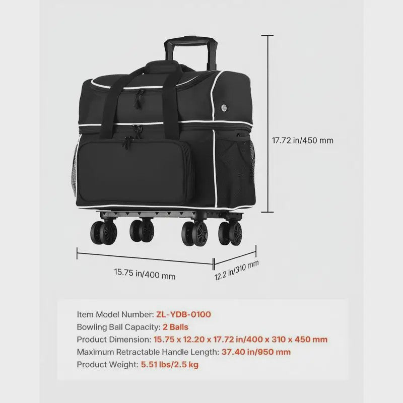 Bowlingtas met Wielen voor 2 Ballen, Schoenenvak, Extra Vak en Uitschuifbare Handgreep - Zwart/Wit