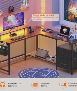 L-Hoekbureau met LED, 3 Stopcontacten, 2 USB-poorten, 2 Laden & Monitorstandaard