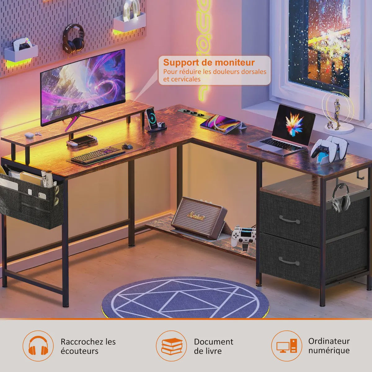 L-Hoekbureau met LED, 3 Stopcontacten, 2 USB-poorten, 2 Laden & Monitorstandaard